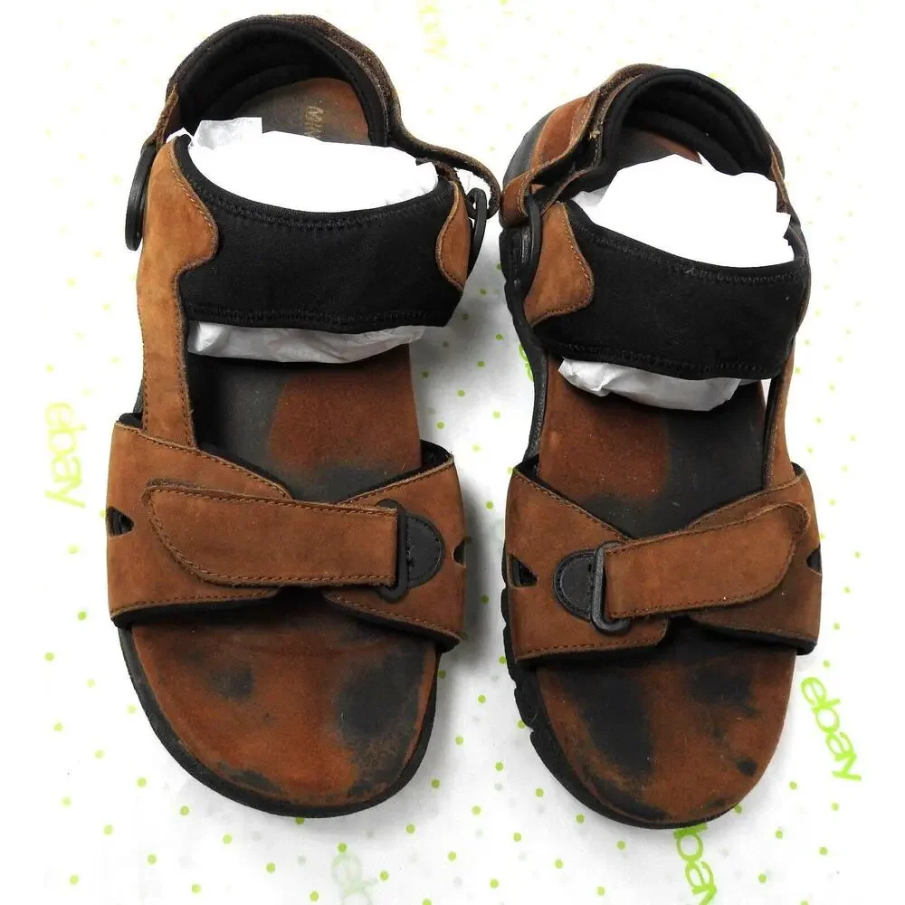 Minnetonka men's size 12 brown leather sandals shoes 6413